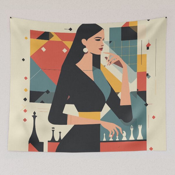 Item preview, Elegant Woman with Chess – Minimalist Geometric Illustration designed and sold by Moss and Moon Studio.