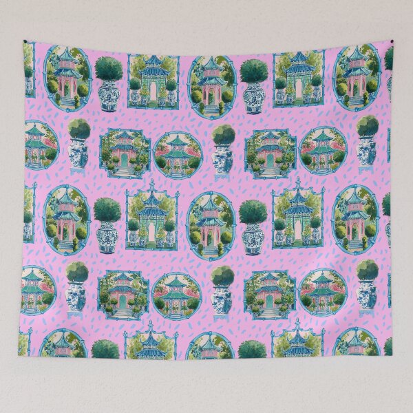 Item preview, Chinoiserie pagodas in bamboo frames and topiaries in ginger jars designed and sold by SophieClimaArt.