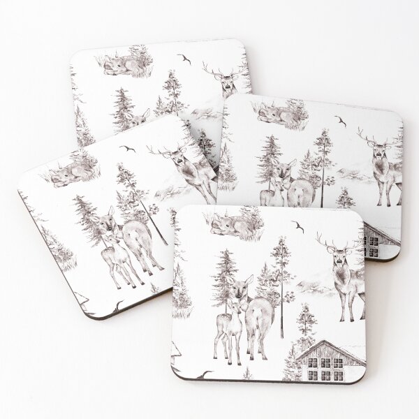 Item preview, Seamless retro style deer pattern in hand drawn graphic technique with forest trees, mountains, and houses, isolated on white background designed and sold by eves_aquadreams.