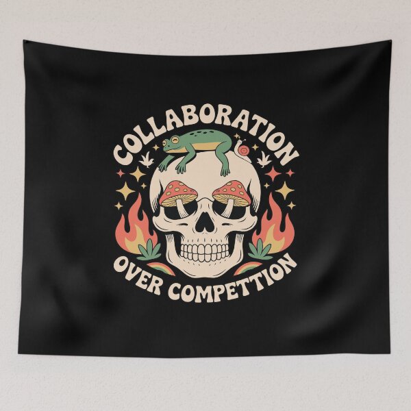 Item preview, Collaboration Over Competition – Retro Skull with Frog & Mushrooms designed and sold by suechtmpoa.