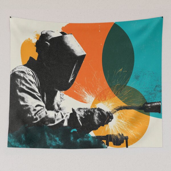Item preview, Welding Art Print — Welder Silhouette with Sparks & Retro Shapes designed and sold by ArgentoArt.