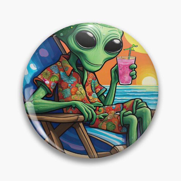 Artikelvorschau, Außerirdischer an einem tropischen Strand, der einen Cocktail trinkt entworfen und verkauft von Colin Bentham.