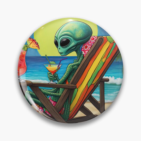 Artikelvorschau, Außerirdischer an einem tropischen Strand, der einen Cocktail trinkt entworfen und verkauft von Colin Bentham.