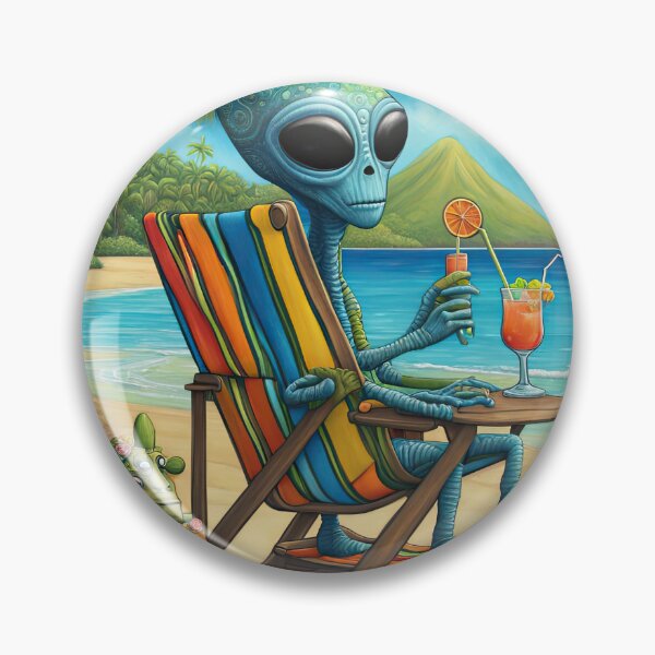 Artikelvorschau, Außerirdischer an einem tropischen Strand, der einen Cocktail trinkt entworfen und verkauft von Colin Bentham.