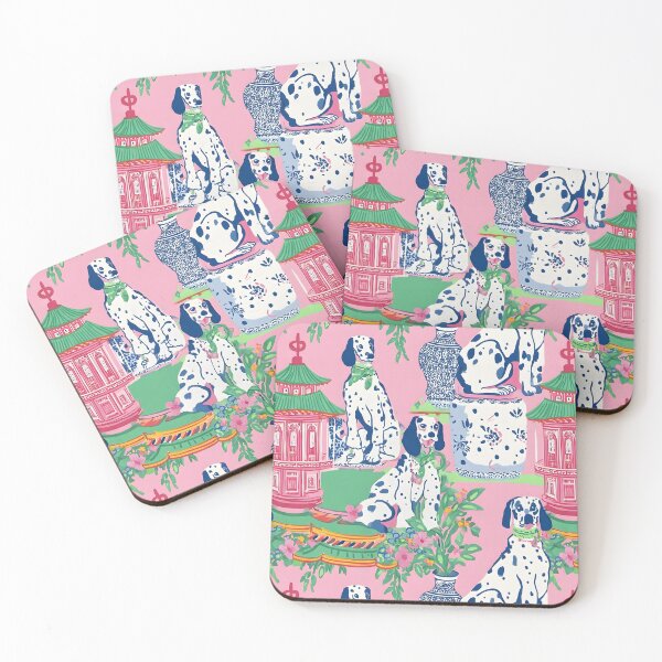 Item preview, Dogs in preppy pink chinoiserie garden with pagodas and ginger jars designed and sold by SophieClimaArt.