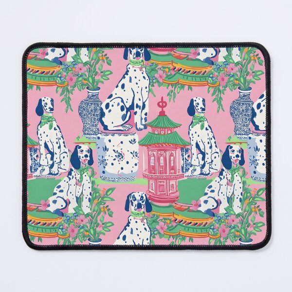 Item preview, Dogs in preppy pink chinoiserie garden with pagodas and ginger jars designed and sold by SophieClimaArt.