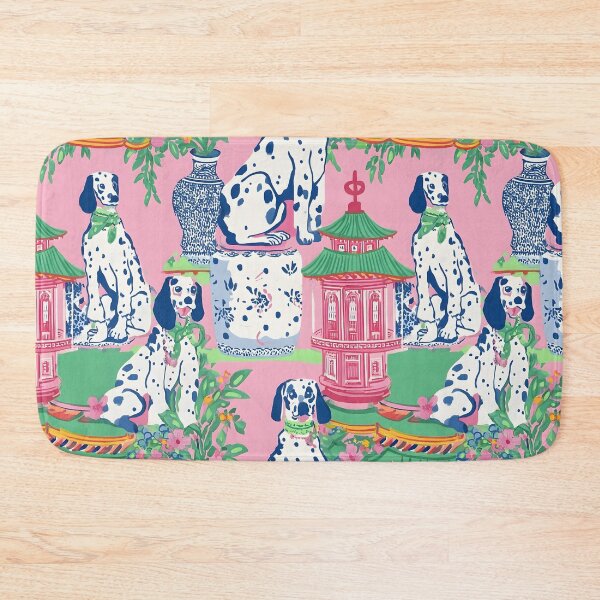 Item preview, Dogs in preppy pink chinoiserie garden with pagodas and ginger jars designed and sold by SophieClimaArt.