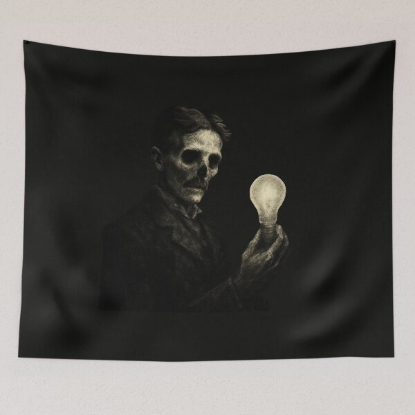 Item preview, Tesla Ghost – Haunted Scientist Spirit with Ghostly Light Bulb in Grunge Style designed and sold by Meandmyshop.