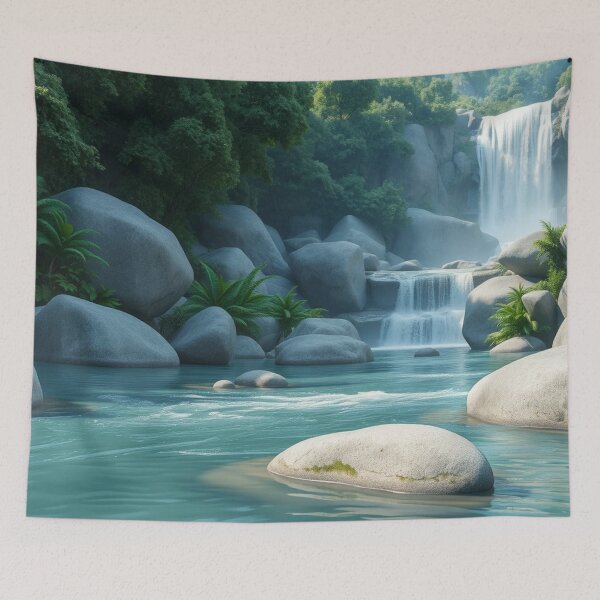 Item preview, Majestic Waterfall with Crystal Clear River and Lush Greenery designed and sold by HappyPrintCo.