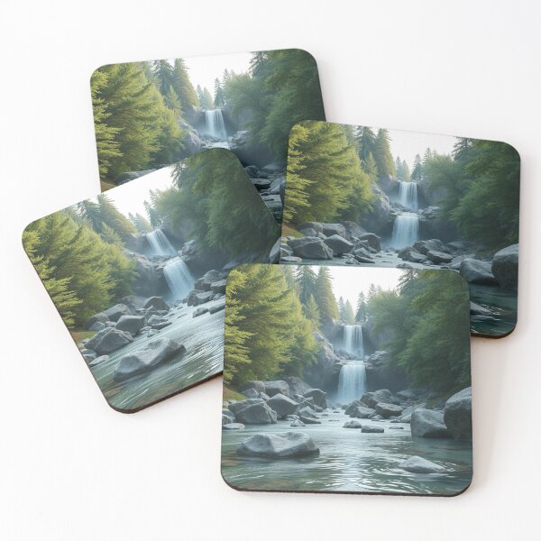 Item preview, Twin Waterfalls Flowing into Rocky River in Forest Landscape designed and sold by HappyPrintCo.
