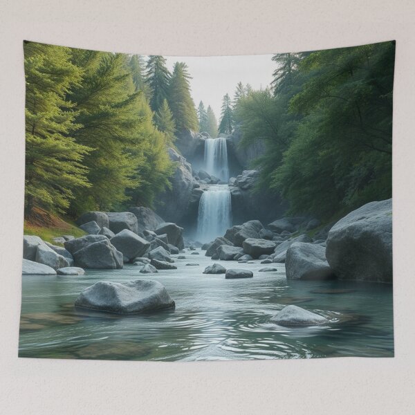 Item preview, Twin Waterfalls Flowing into Rocky River in Forest Landscape designed and sold by HappyPrintCo.
