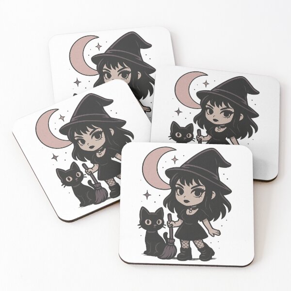 Item preview, Cute Goth Witch with Black Cat and Moon – Pastel Halloween Art designed and sold by Horrordaddy13.