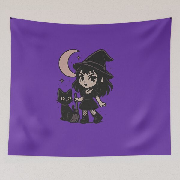 Item preview, Cute Goth Witch with Black Cat and Moon – Pastel Halloween Art designed and sold by Horrordaddy13.