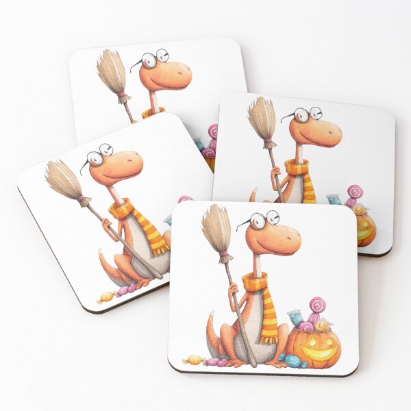 Item preview, Nerdy Trick-or-Treat Dino — Halloween Broom & Candy Pumpkin designed and sold by VikArt7.