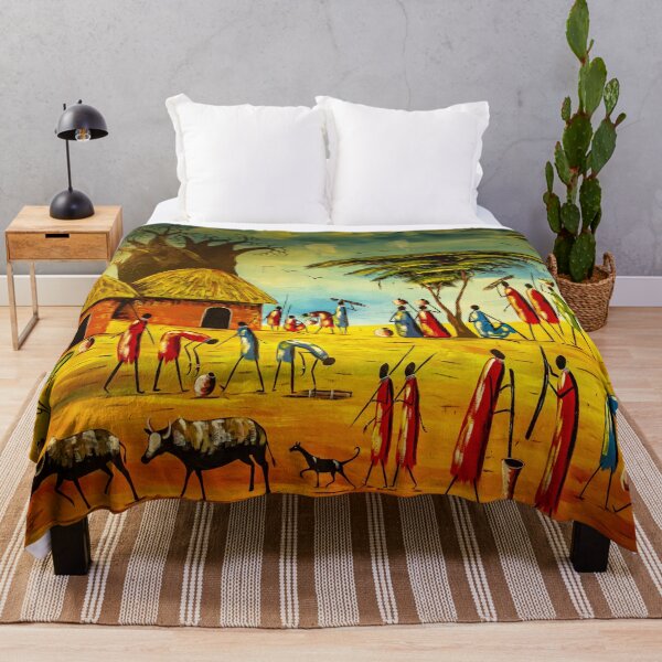 Item preview, Traditional Tanzanian Village Mural Serengeti African Culture Art designed and sold by Amanda's Factory.