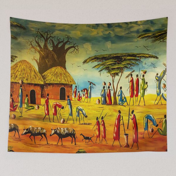 Item preview, Traditional Tanzanian Village Mural Serengeti African Culture Art designed and sold by Amanda's Factory.