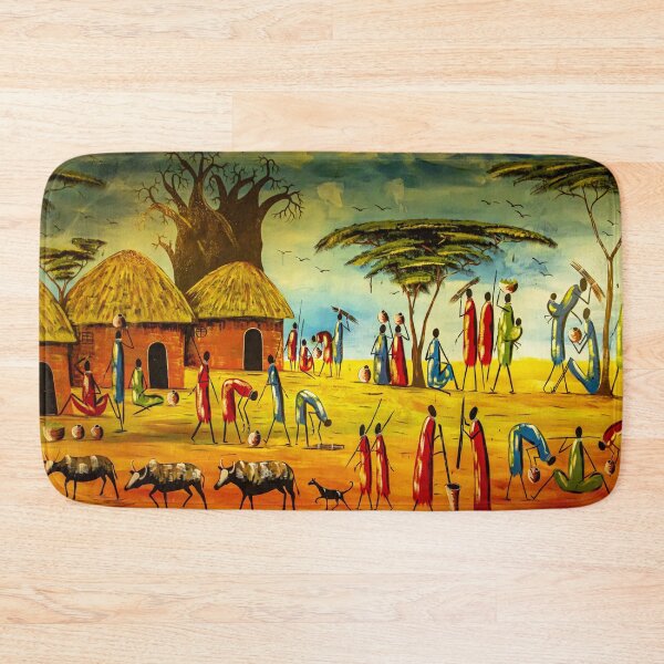 Item preview, Traditional Tanzanian Village Mural Serengeti African Culture Art designed and sold by Amanda's Factory.