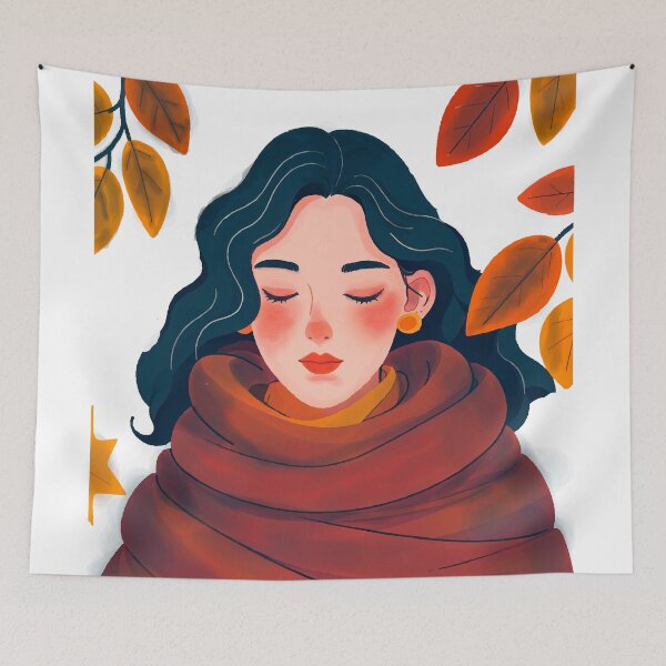 Item preview, Minimalist Fine Line Portrait of Woman with Wool Scarf and Autumn Leaves 2026 designed and sold by  Ojo de Lilith.