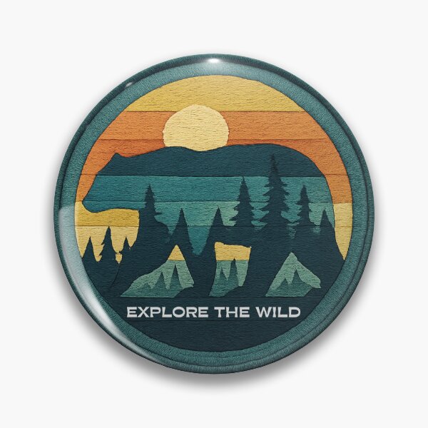 Item preview, "Explore the Wild" Retro Embroidered Patch with Bear and Forest Sunset designed and sold by NSB-Design.