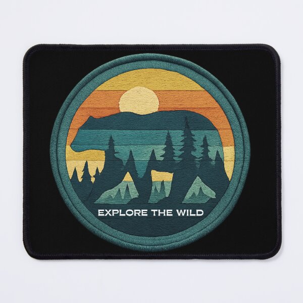 Item preview, "Explore the Wild" Retro Embroidered Patch with Bear and Forest Sunset designed and sold by NSB-Design.