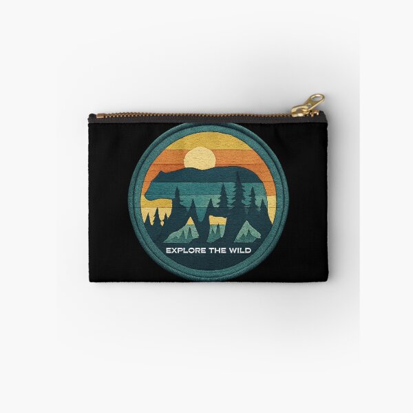 Item preview, "Explore the Wild" Retro Embroidered Patch with Bear and Forest Sunset designed and sold by NSB-Design.