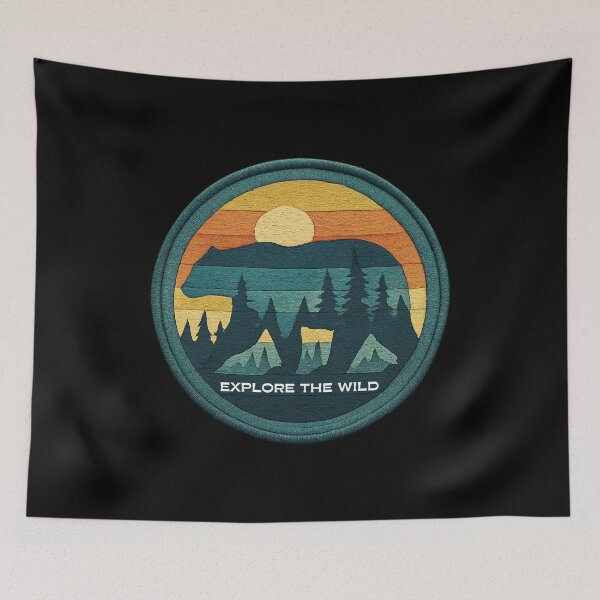 Item preview, "Explore the Wild" Retro Embroidered Patch with Bear and Forest Sunset designed and sold by NSB-Design.