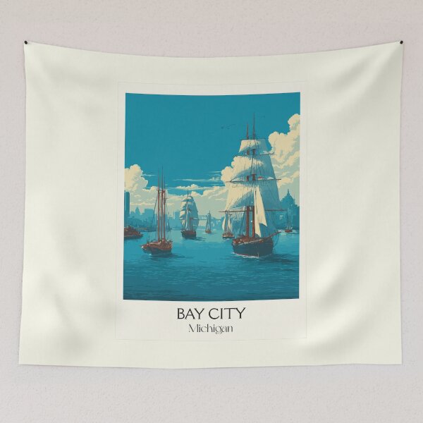 Item preview, Bay City Michigan Vintage Travel Art | Tall Ship Sailing Illustration designed and sold by TuncGK.