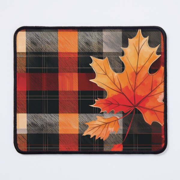 Item preview, Fall season minimalist maple leaves, plaid pattern, checkered tablecloth, orange and black maple leaf watercolour painting, vintage autumn theme leaf designed and sold by navitalidesign.