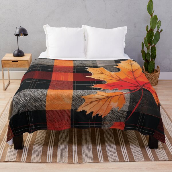 Item preview, Fall season minimalist maple leaves, plaid pattern, checkered tablecloth, orange and black maple leaf watercolour painting, vintage autumn theme leaf designed and sold by navitalidesign.