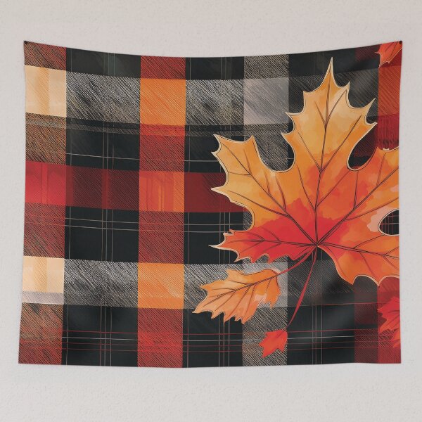 Item preview, Fall season minimalist maple leaves, plaid pattern, checkered tablecloth, orange and black maple leaf watercolour painting, vintage autumn theme leaf designed and sold by navitalidesign.