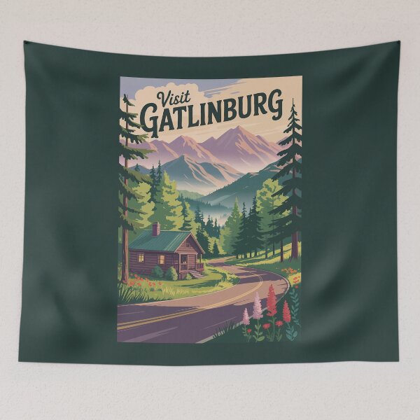 Item preview, Gatlinburg Tennessee Cabin Travel Art Vintage designed and sold by KrisSidDesigns.