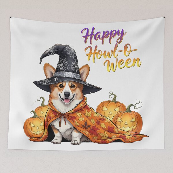 Item preview, Happy Howl-O-Ween – Pumpkin Cloak Witch Corgi with Jack-o’-Lanterns designed and sold by zoughlal.
