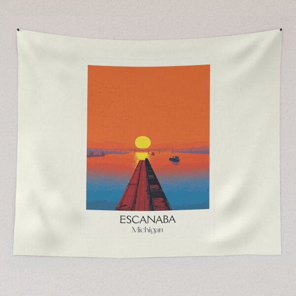 Item preview, Escanaba Michigan Vintage Travel Art | Upper Peninsula Sunset Pier designed and sold by TuncGK.