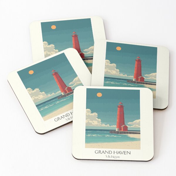 Item preview, Grand Haven Michigan Retro Travel Art | Iconic Red Pier Lighthouse designed and sold by TuncGK.