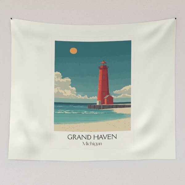 Item preview, Grand Haven Michigan Retro Travel Art | Iconic Red Pier Lighthouse designed and sold by TuncGK.