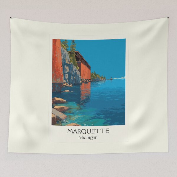 Item preview, Marquette Michigan Retro Travel Art | Lake Superior Shoreline Design designed and sold by TuncGK.