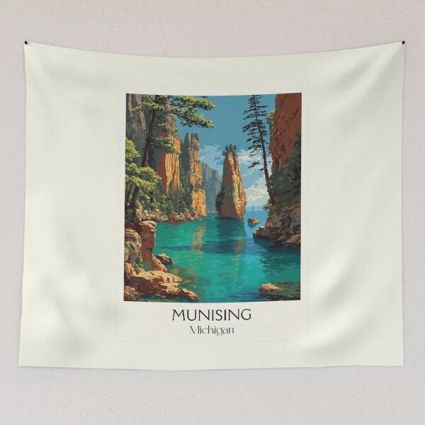 Item preview, Munising Michigan Vintage Travel Art | Pictured Rocks Illustration designed and sold by TuncGK.