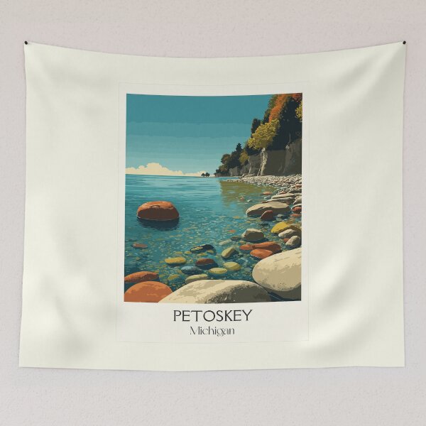 Item preview, Petoskey Michigan Vintage Travel Art | Rocky Shoreline Illustration designed and sold by TuncGK.