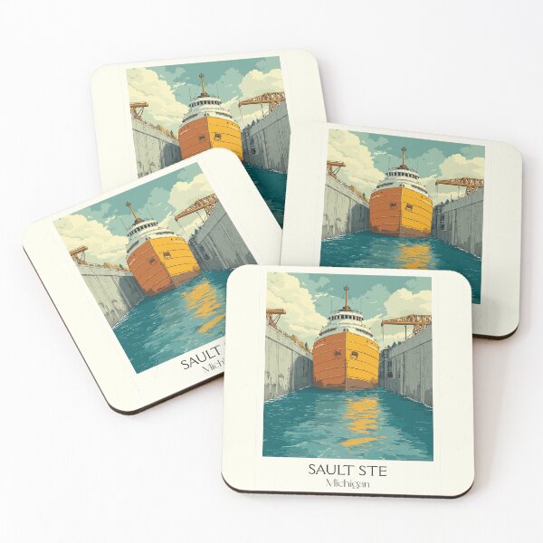 Item preview, Sault Ste Marie Michigan Vintage Art | Soo Locks Freighter Design designed and sold by TuncGK.