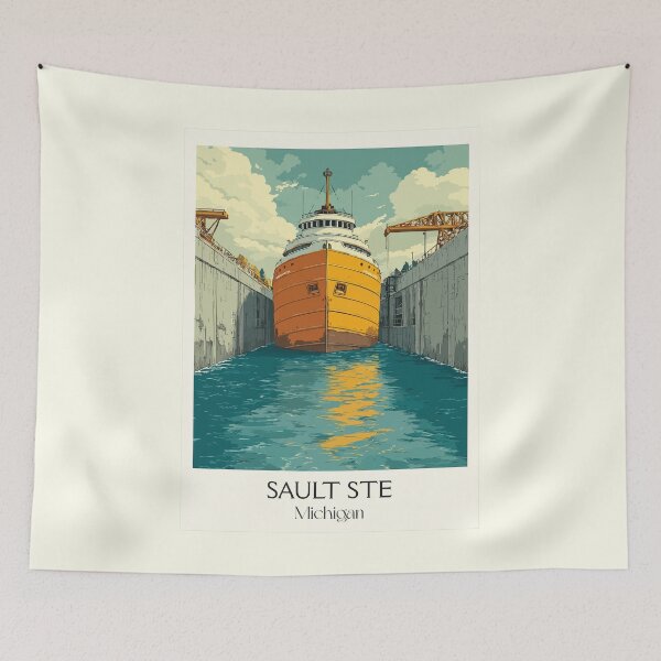 Item preview, Sault Ste Marie Michigan Vintage Art | Soo Locks Freighter Design designed and sold by TuncGK.