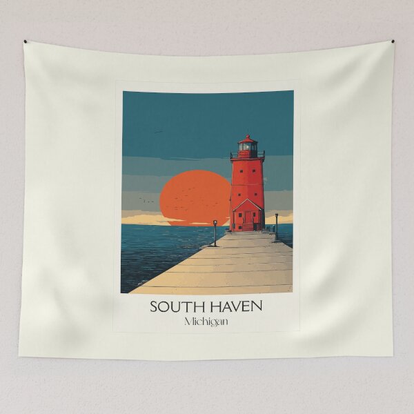 Item preview, South Haven Michigan Vintage Travel Art | Pier Lighthouse Sunset designed and sold by TuncGK.