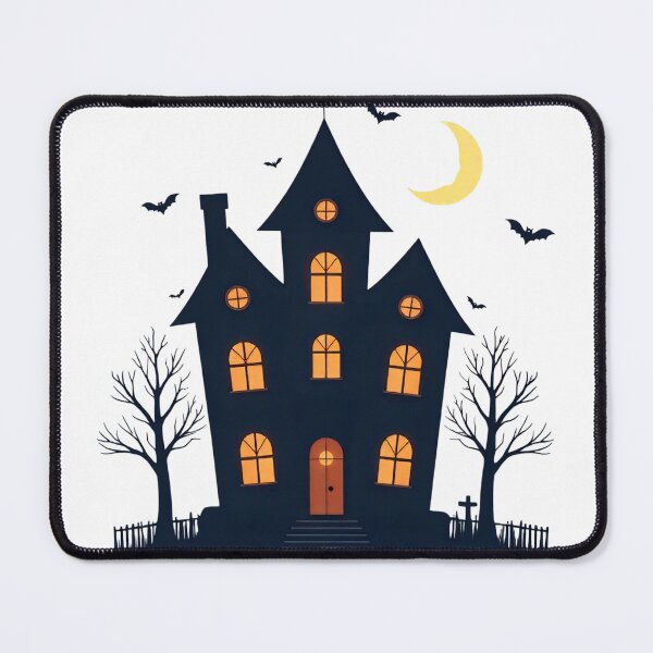 Item preview, Spooky haunted house with glowing windows and bats flying at night designed and sold by SpaceartLilu.