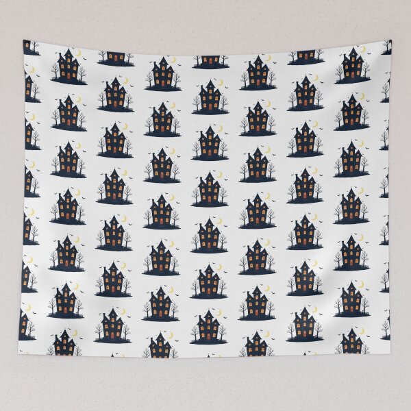 Item preview, Spooky haunted house with glowing windows and bats flying at night designed and sold by SpaceartLilu.