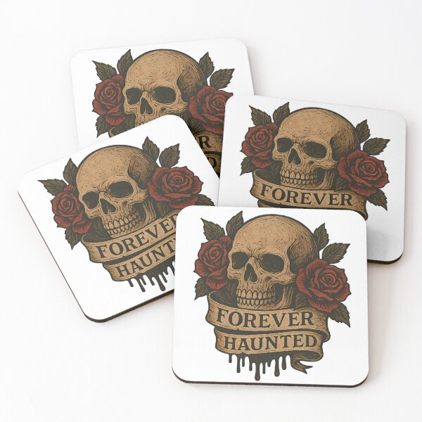 Item preview, FOREVER HAUNTED Skull & Roses – Gothic banner PNG in tattoo art style, POD-ready for dark T-shirts & apparel. designed and sold by WhiteDoveArt.