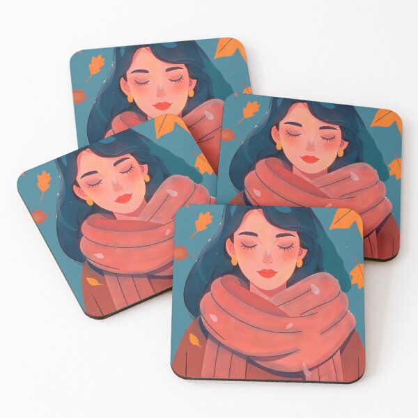 Item preview, Minimalist Fine Line Portrait of Woman with Wool Scarf and Autumn Leaves designed and sold by  Ojo de Lilith.