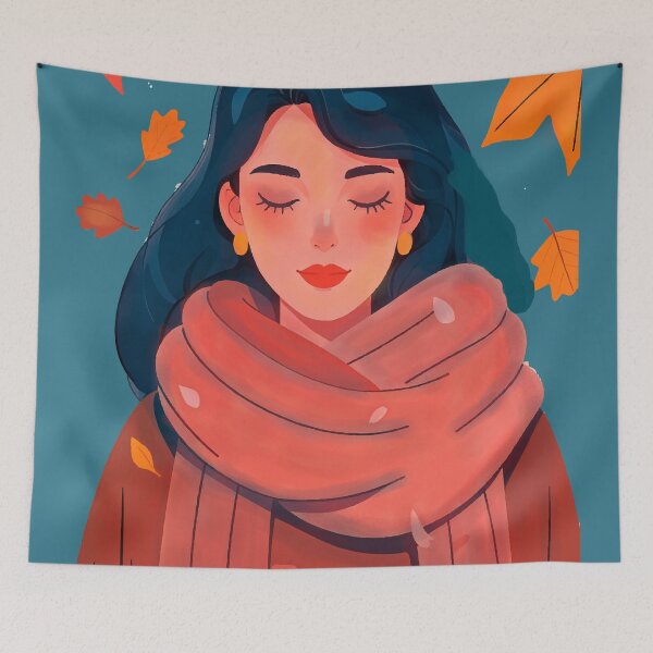 Item preview, Minimalist Fine Line Portrait of Woman with Wool Scarf and Autumn Leaves designed and sold by  Ojo de Lilith.