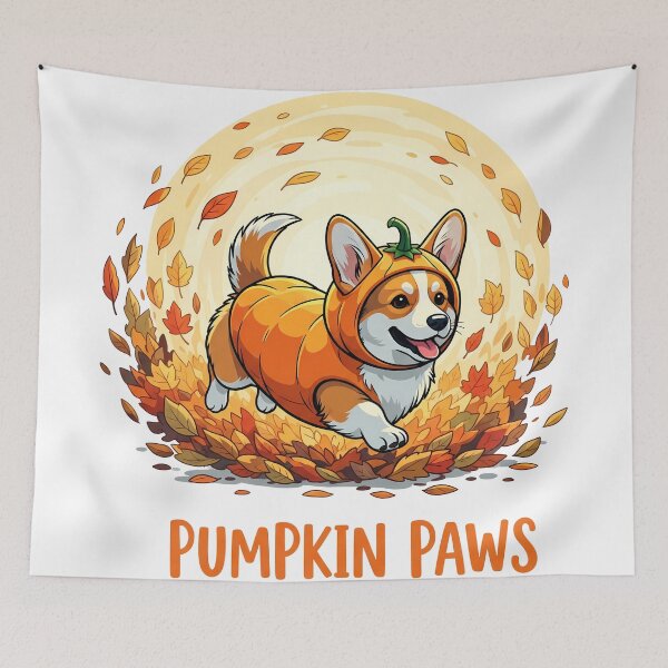 Item preview, Pumpkin Paws – Frolicking Corgi in Pumpkin Costume with Autumn Leaves  designed and sold by zoughlal.