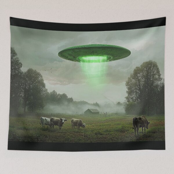 Item preview, UFO Beaming Green Light Over Farm Pasture with Cows designed and sold by Shannon Hilson.