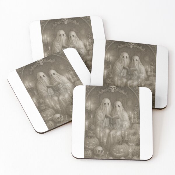 Item preview, Halloween Print of two ghosts reading a book with their pet rat designed and sold by JoToteTales.