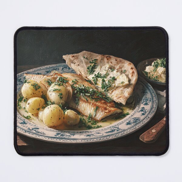 Item preview, Plate of Fish with Potatoes, Flatbread, and Herbs designed and sold by Shannon Hilson.